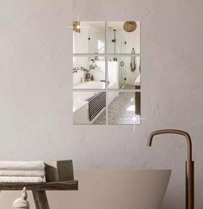 4-Piece 3D Acrylic Square Mirror Wall Stickers – Silver Finish for Home & Office Decor