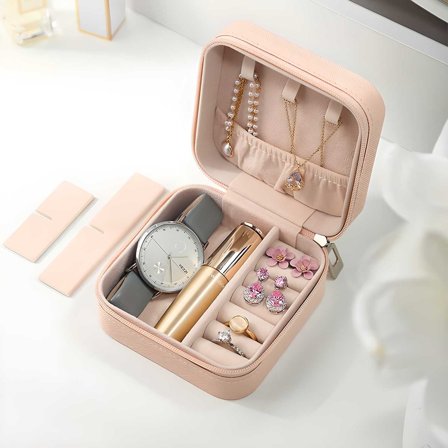 Portable Travel Jewellery Organizer – PU Leather Pouch (Assorted, Pink)