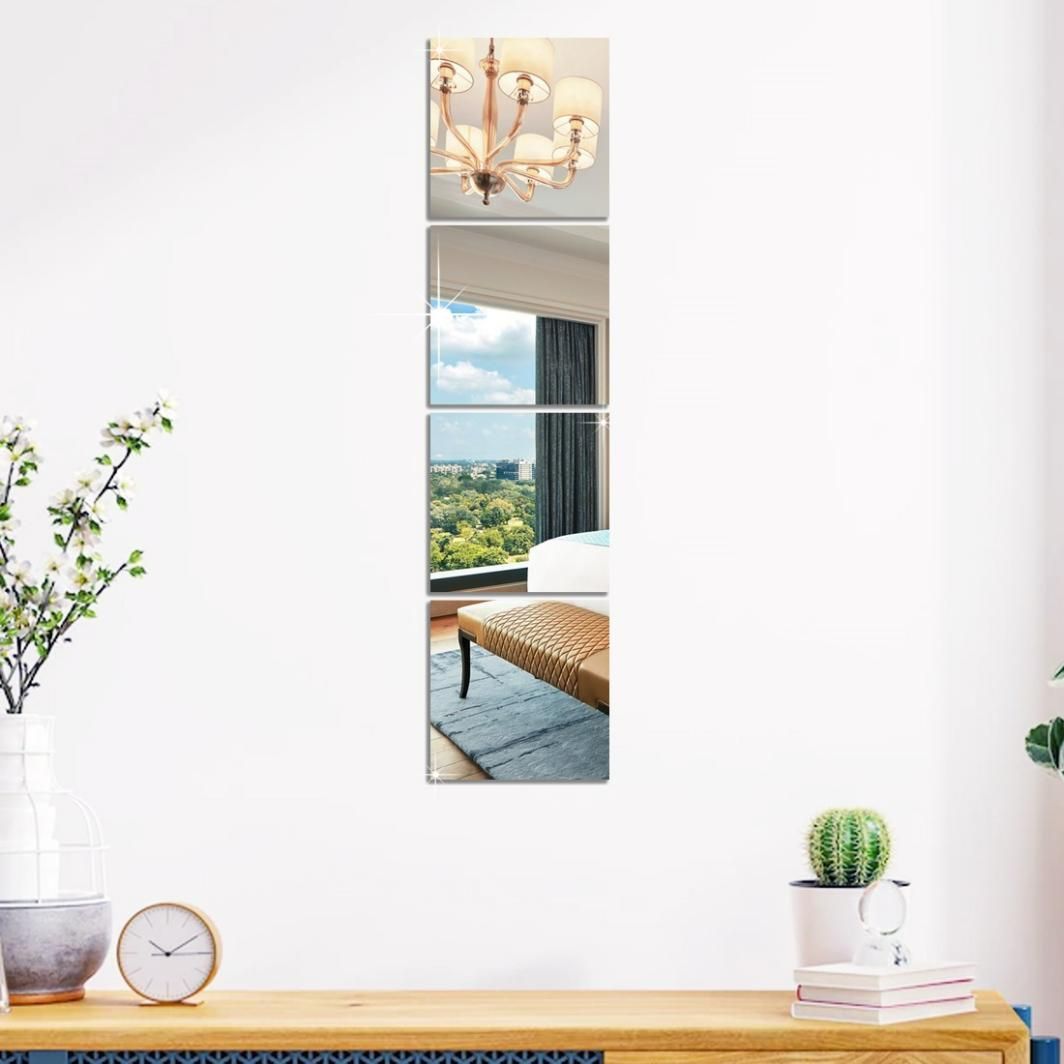 4-Piece 3D Acrylic Square Mirror Wall Stickers – Silver Finish for Home & Office Decor