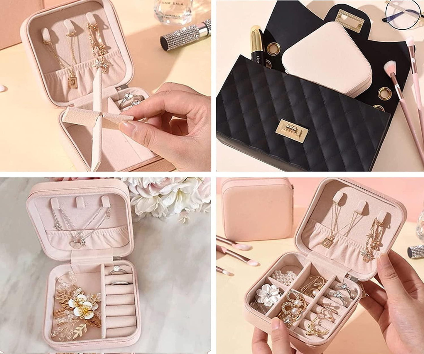 Portable Travel Jewellery Organizer – PU Leather Pouch (Assorted, Pink)