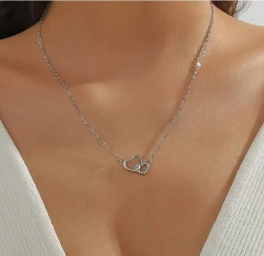 Women's Dual Heart Pendant with Chain | Silver-Plated Alloy Necklace | Elegant Gift Jewelry