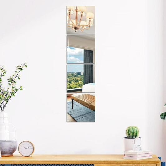 4-Piece 3D Acrylic Square Mirror Wall Stickers – Silver Finish for Home & Office Decor